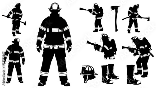 Collection of Firefighter Silhouettes in Various Poses and Equipment