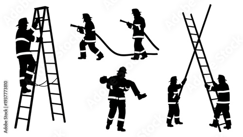 Dynamic Silhouette Set of Firefighters in Action, Performing Rescue Operations and Emergency Response