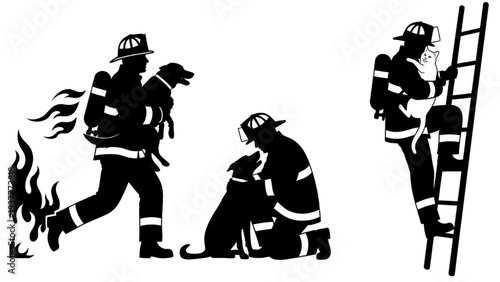 Firefighter Rescuing Animals During Fire Emergency and Climbing Ladder Illustration