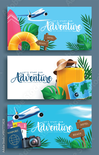 Travel Adventure clipart banner set design. Adventure time text clip art with summer and traveler elements for international holiday vacation poster template collection in white and blue background 