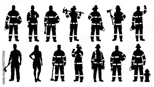 Essential Firefighting Professionals and Emergency Service Workers Silhouette Set Vector Collection
