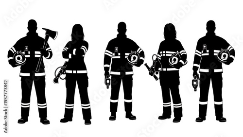 Dedicated professionals A powerful lineup of diverse firefighter silhouettes equipped for emergency response and community safety