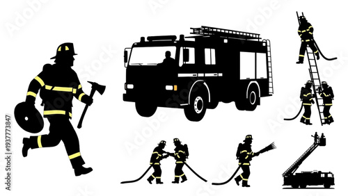 Firefighter and Fire Truck Silhouettes Emergency Response Team Illustration