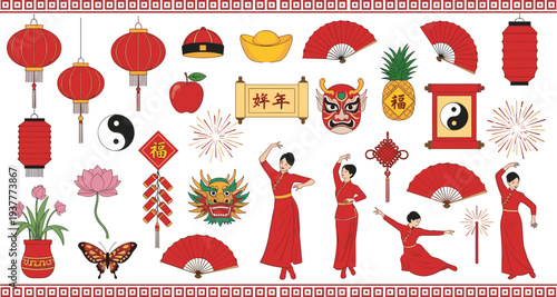 Chinese New Year Vector Icon Set Featuring Lanterns, Dragons, Pineapple, Dancers, and Traditional Symbols