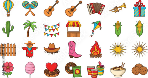 fFestival and Fiesta Vector Icon Set Featuring Music, Food, Decor, and Summer Symbols for Fun and Celebration DesignsFestival and Fiesta Vector Icon Set 