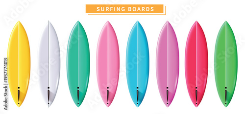 Set of Colorful Vector Surfboards. Realistic 3D Surfing Board Icons for Beach and Summer Designs