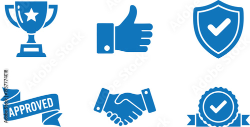 Collection of blue icons representing approval and achievement