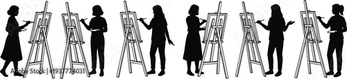 Artist women silhouettes set painting on easels, female painters with brushes and palettes in art class, creative studio hobbyists collection