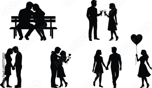 Romantic couple silhouettes, walking, embracing, holding hands, rose gift, heart balloon, bench sitting, toasting drinks, affection, companionship, romance illustration