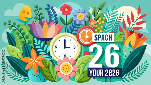 A colorful graphic promotes 'spring forward' for daylight saving time on March 29th, 2026. It showcases bold floral illustrations with the message to set clocks forward one hour. high-quality professi