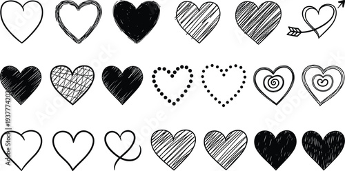Heart Vector Icon Set Featuring Different Heart Shapes, Sketches, and Symbols for Love and Romance DesignsHeart Vector Icon Set
