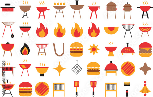 A Collection of Various Barbecue Grills, Flames, Hamburgers, and Grilling Utensils