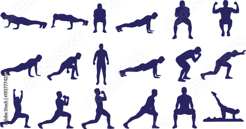Collection of various exercise poses and movements in dark blue silhouettes
