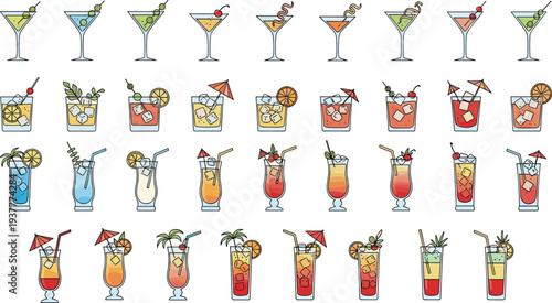 Cocktail and Drink Vector Icon Set Featuring Martini, Mojito, Daiquiri, and Tropical Beverages for Party and Bar DesignsCocktail and Drink Vector Icon Set 