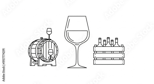 Wine barrel, glass, and bottles arranged in a simple line illustration showcasing wine production elements