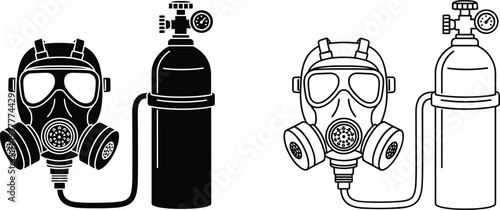 Gas mask respirator with oxygen tank cylinder in solid black and outline styles isolated on white background for safety and protection equipment