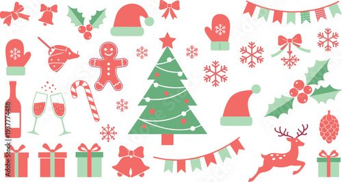 Christmas Vector Icon Set Featuring Santa Hat, Christmas Tree, Gifts, Snowflakes, Reindeer, Gingerbread, and Festive DecorationsChristmas Vector Icon Set 