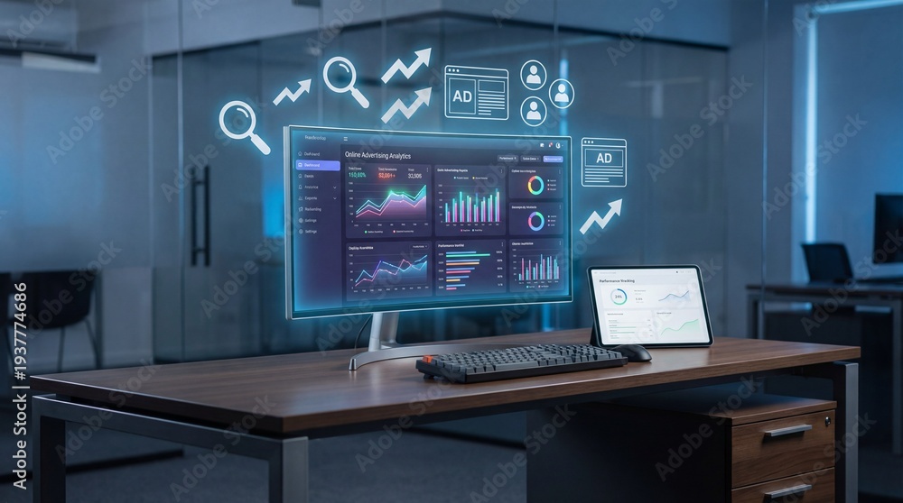 Naklejka premium Modern office with holographic display showing data analytics and insights.