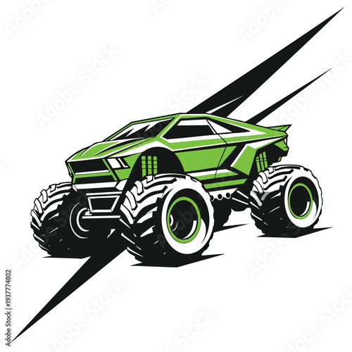 A green monster truck vector illustration with large tires and a bold design on a white background. Perfect for automotive, vehicle, and transportation designs.