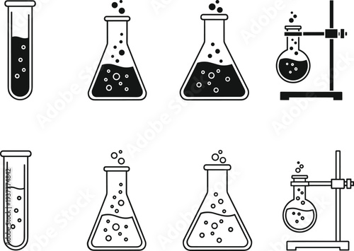 Laboratory glassware icons in silhouette and outline styles, depicting test tubes, flasks, and scientific equipment for chemistry experiments