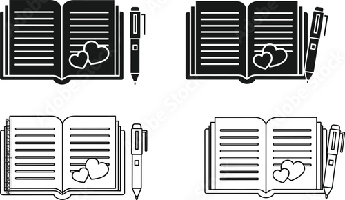 Open notebook diary with hearts and pen icon set in solid black and outline styles isolated on white background for love journal