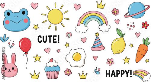 Cute and Happy Vector Sticker Set Featuring Rainbow, Sun, Frog, Cupcake, Carrot, and Fun Symbols for Playful DesignsCute and Happy Vector Sticker Set Featuring Rainbow, Sun, Frog, Cupcake, 