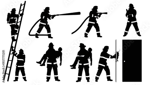Collection of brave firefighters performing essential rescue operations and public safety duties