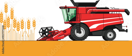 Red combine harvester operating in wheat field illustration symbolizing modern agriculture, harvesting machinery, grain crops, and farming efficiency