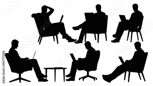 Silhouettes of diverse individuals engaged in focused work on laptops, depicting modern digital lifestyle and productivity