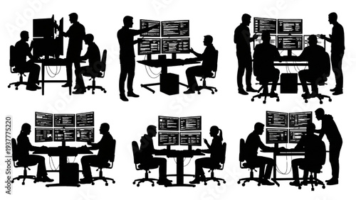 Teamwork in a modern office setting with professionals collaborating at computer stations