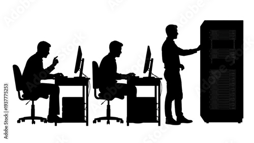 Silhouettes of people working on computers and interacting with server hardware