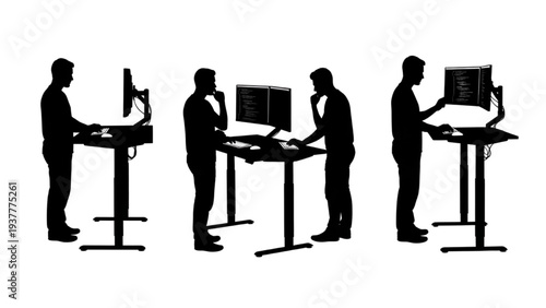 Ergonomic workspace concept Silhouettes of employees focused on computer tasks at standing desks