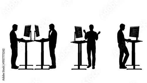 Dynamic silhouetted figures utilizing and interacting with modern ergonomic standing workstations