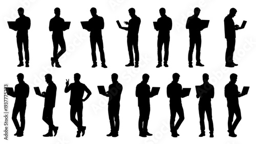 Modern male silhouettes engaged with digital devices, illustrating connection, work, and technology use