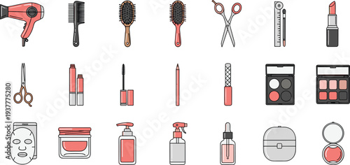 Beauty and Haircare Vector Icon Set Featuring Hair Dryer, Makeup, Brushes, Scissors, and Skincare ProductsBeauty and Haircare Vector Icon Set