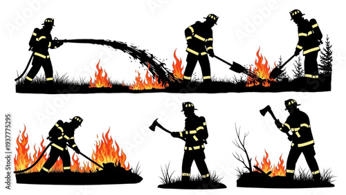 Essential Firefighter Silhouettes Illustrating Brave Efforts in Wildfire Control and Emergency Suppression with Various Tools
