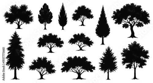 Collection of diverse tree silhouettes against a white background