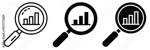 Magnifying, glass vector icons featuring bar charts, data analysis and research symbols, analytics, business performance evaluation, magnifier chart illustration, clean modern flat vector design
