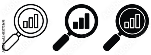 Magnifying, glasses with bar charts for data analysis and research, analytic business concept, magnifier chart icon, statistics, performance evaluation, modern flat vector