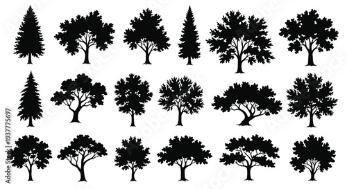 Collection of black silhouette trees in various shapes and sizes
