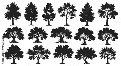 Collection of diverse tree silhouettes in a repeating pattern