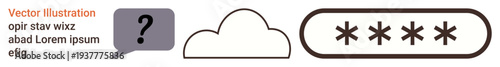 Cloud computing, data protection, password security, online privacy, cybersecurity, user authentication. Visual includes a cloud, password field and speech bubble. Cloud computing and data