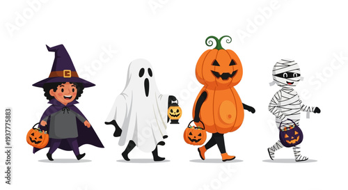 Happy children in Halloween costumes trick or treating with festive jack o lanterns