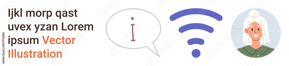 Fototapeta premium Communication, information access, online learning, digital literacy, connectivity, elderly technology use. Speech bubble, information icon wireless signal elderly woman portrait. Communication
