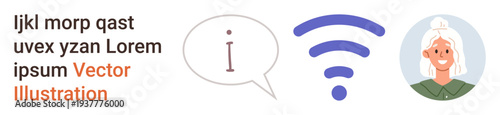 Communication, information access, online learning, digital literacy, connectivity, elderly technology use. Speech bubble, information icon wireless signal elderly woman portrait. Communication