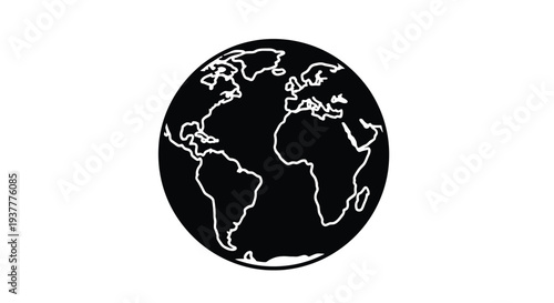 Simple black and white illustration of the earth with visible continents