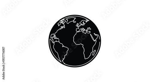 A simple black and white line drawing of planet earth showing continents