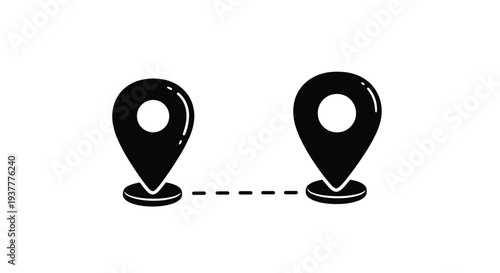 Two black location pin icons connected by a dashed line on white