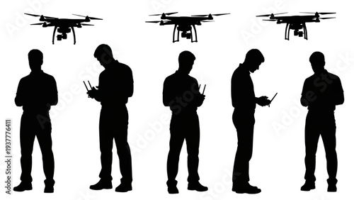 Silhouettes of men skillfully operating modern drones with remote controls, symbolizing technological advancement and aerial innovation