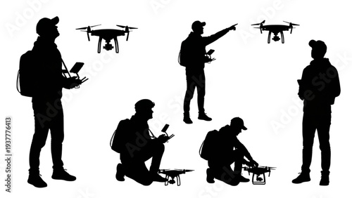 Collection of drone pilot silhouettes showcasing remote control and UAV preparation